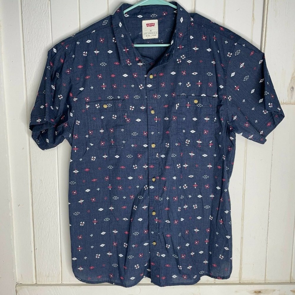 Levis Mens Shirt White Tab Short Sleeve XXL Navy Blue Aztec Southwest Button Up